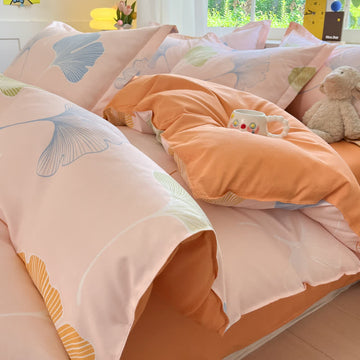 Biancheria da letto reversibile in cotone con foglie di ginkgo Tranquil Ownkoti - Arancia - Set di biancheria da letto - Matrimoniale Grande - image 0