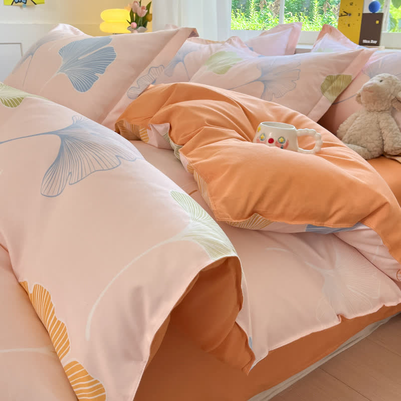 Biancheria da letto reversibile in cotone con foglie di ginkgo Tranquil Ownkoti - Arancia - Set di biancheria da letto - Matrimoniale Grande - image 0