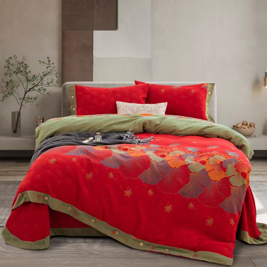 Biancheria da letto in garza di puro cotone con foglie di ginkgo Ownkoti (4 pezzi) - Matrimoniale Grande - image 0