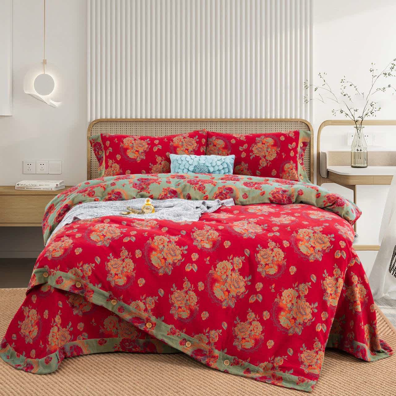 Biancheria da letto in garza di puro cotone con motivo floreale Ownkoti (4 pezzi) - Matrimoniale Grande - image 0