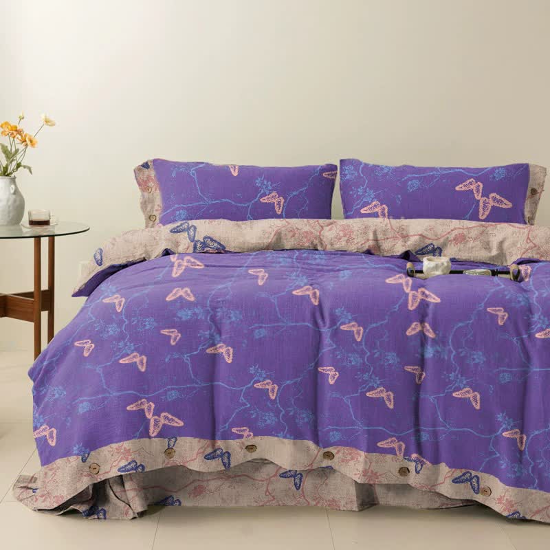 Set di biancheria da letto reversibile in cotone con farfalle Ownkoti (4 pezzi) - Viola - Matrimoniale Extra Lungo - image 0