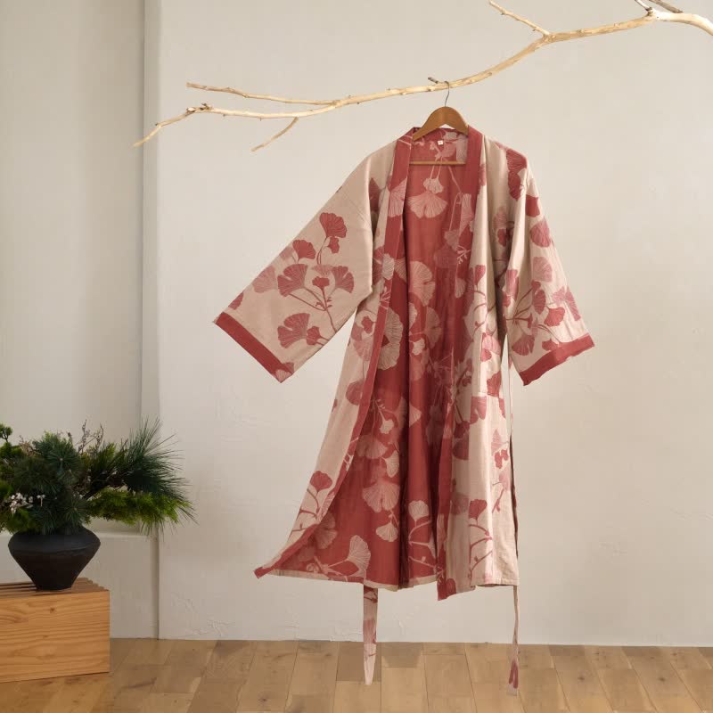 Grande kimono in cotone con foglie di ginkgo - Nudo e rosso - 2XL - image 22