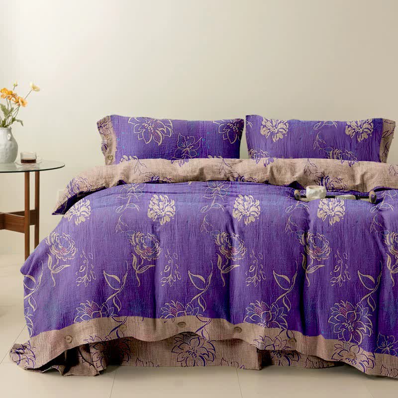 Set di biancheria da letto reversibile in cotone con motivo peonia artistica Ownkoti (4 pezzi) - Viola - Matrimoniale Extra Lungo - image 0