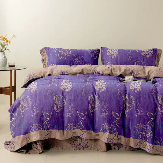 Set di biancheria da letto reversibile in cotone con motivo peonia artistica Ownkoti (4 pezzi) - Viola - Matrimoniale Extra Lungo - image 0