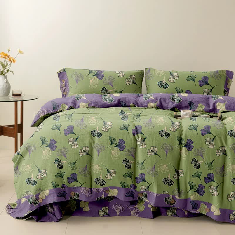 Set di biancheria da letto reversibile in cotone Ginkgo Ownkoti (4 pezzi) - Verde - Matrimoniale Extra Lungo - image 4