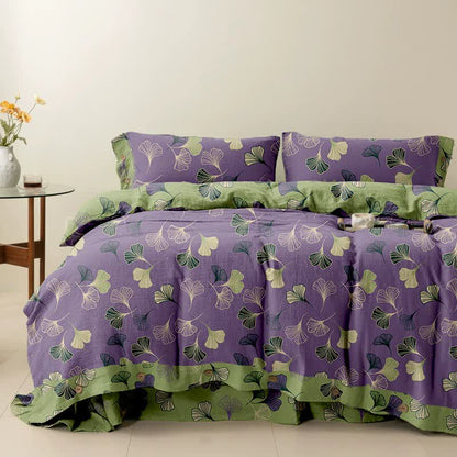 Set di biancheria da letto reversibile in cotone Ginkgo Ownkoti (4 pezzi) - Viola - Matrimoniale Extra Lungo - image 0
