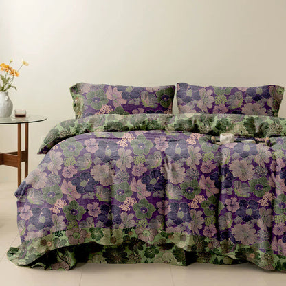 Set di biancheria da letto reversibile in cotone con fiori di pesco Ownkoti (4 pezzi) - Viola - Matrimoniale Extra Lungo - image 0
