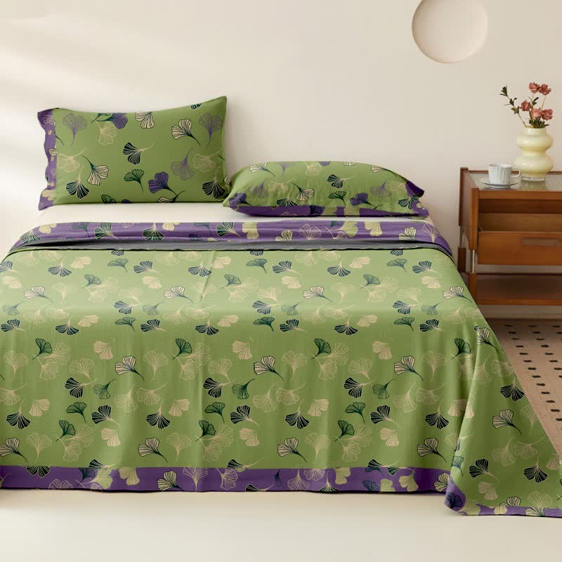 Copriletto in garza di cotone con foglie di ginkgo Ownkoti - Verde - Copriletto con 2 federe - Matrimoniale Grande - image 0