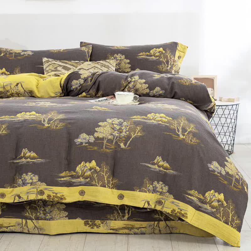 Set di biancheria da letto in garza di cotone jacquard con stampa paesaggio (4 pezzi) - image 1
