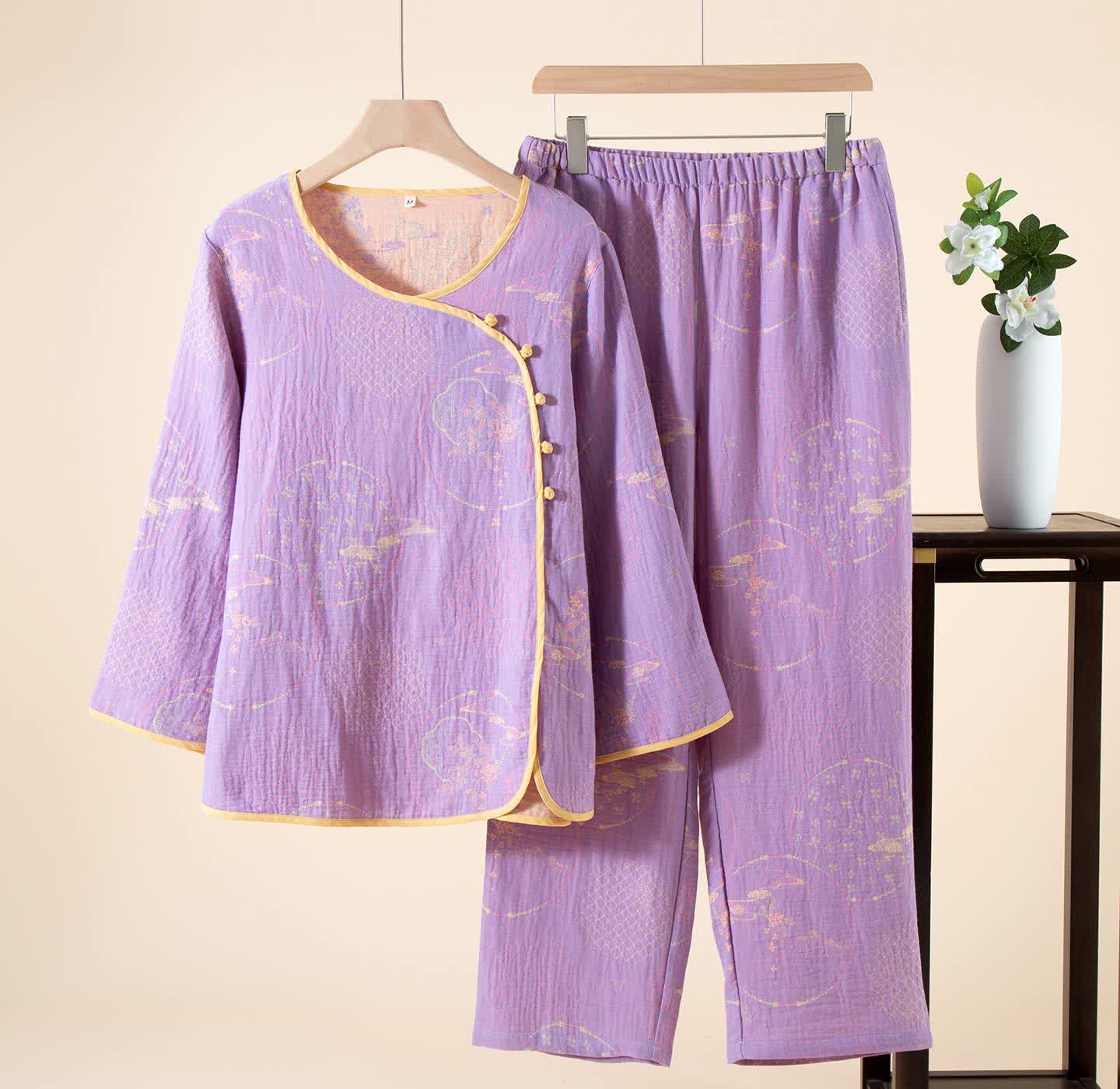 Abbigliamento da casa in garza di cotone jacquard retrò orientale Ownkoti - Viola - XL - image 2