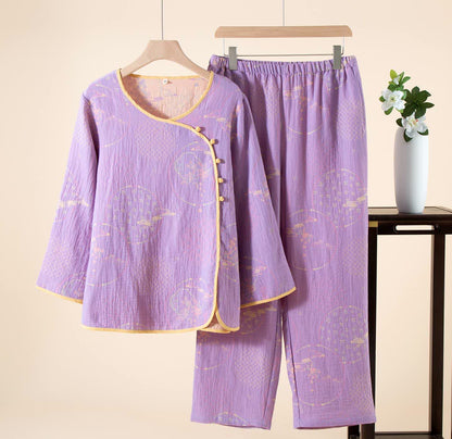 Abbigliamento da casa in garza di cotone jacquard retrò orientale Ownkoti - Viola - XL - image 2