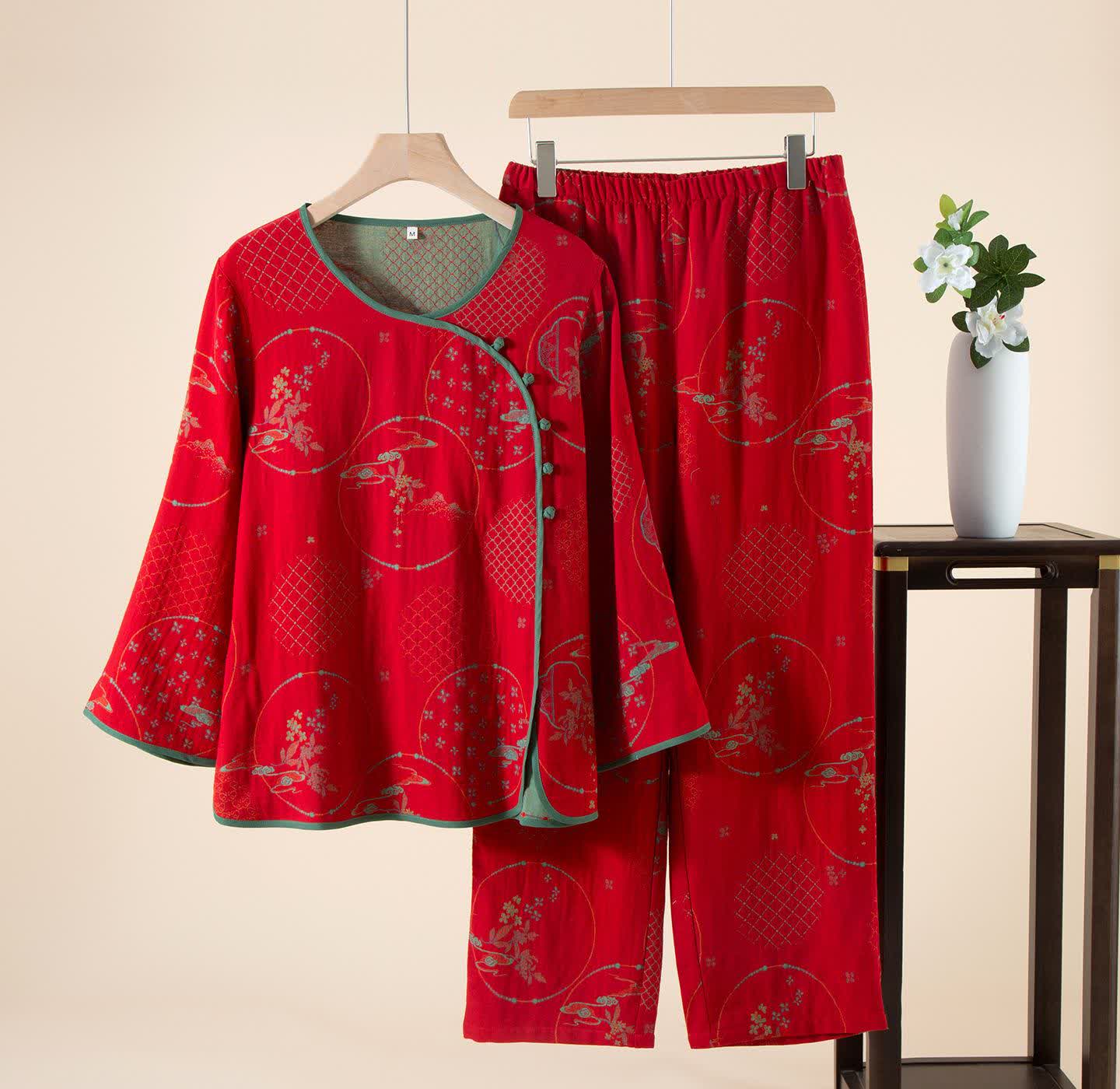 Abbigliamento da casa in garza di cotone jacquard retrò orientale Ownkoti - Rosso - XL - image 5