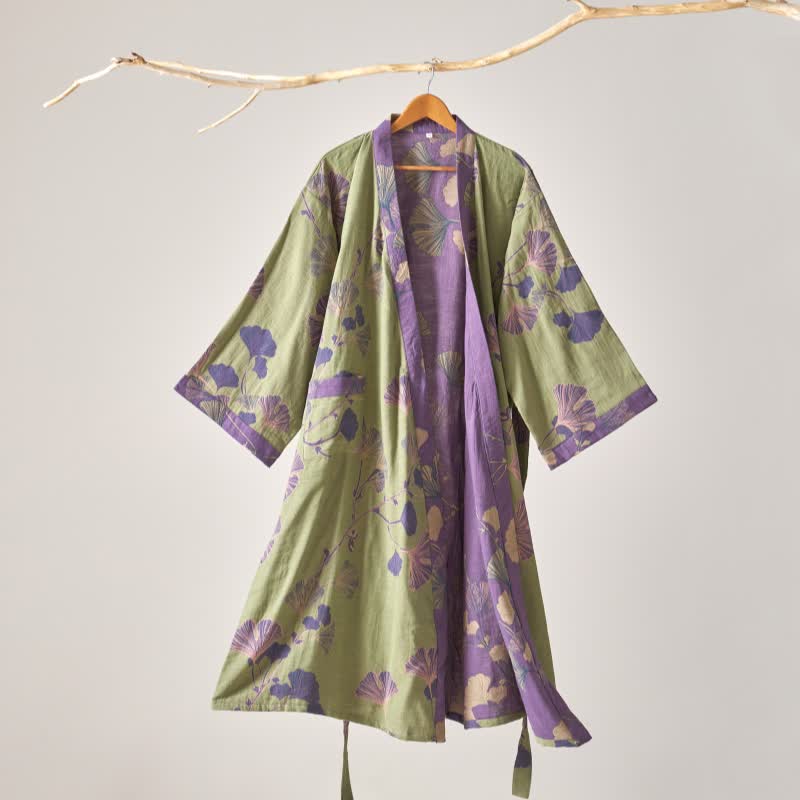 Kimono in garza di cotone e ginkgo - Verde - XL - image 17