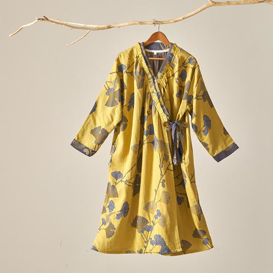 Camicia da notte in cotone ispirata all'Hanfu con foglie di Ginkgo di Ownkoti - Giallo - XL - image 0