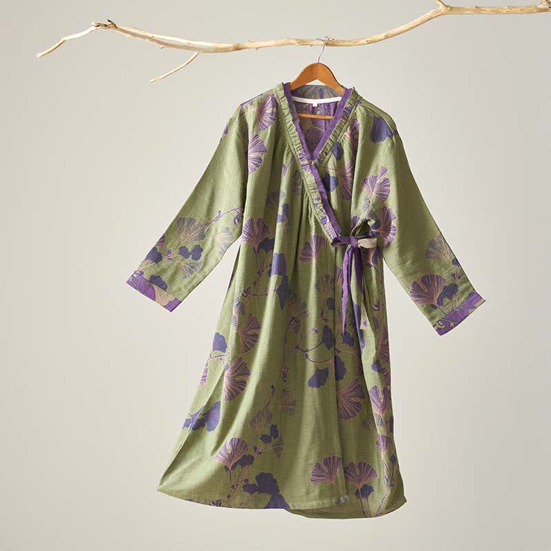 Camicia da notte in cotone ispirata all'Hanfu con foglie di Ginkgo - Verde - XL - image 8