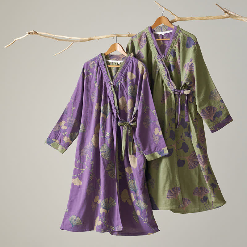 Camicia da notte in cotone ispirata all'Hanfu con foglie di Ginkgo - image 2