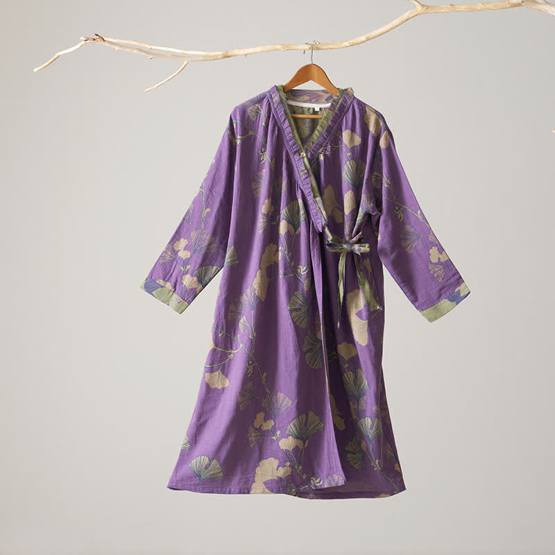 Camicia da notte in cotone ispirata all'Hanfu con foglie di Ginkgo - Viola - XL - image 20