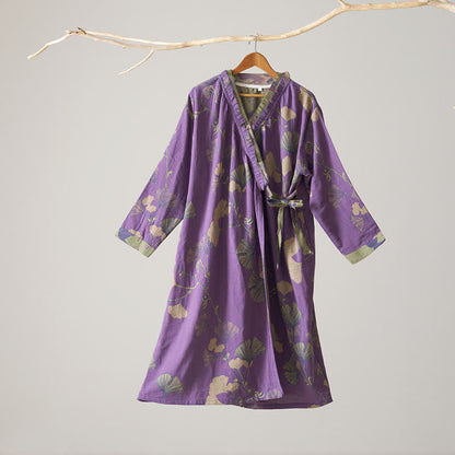 Camicia da notte in cotone ispirata all'Hanfu con foglie di Ginkgo - Viola - XL - image 20