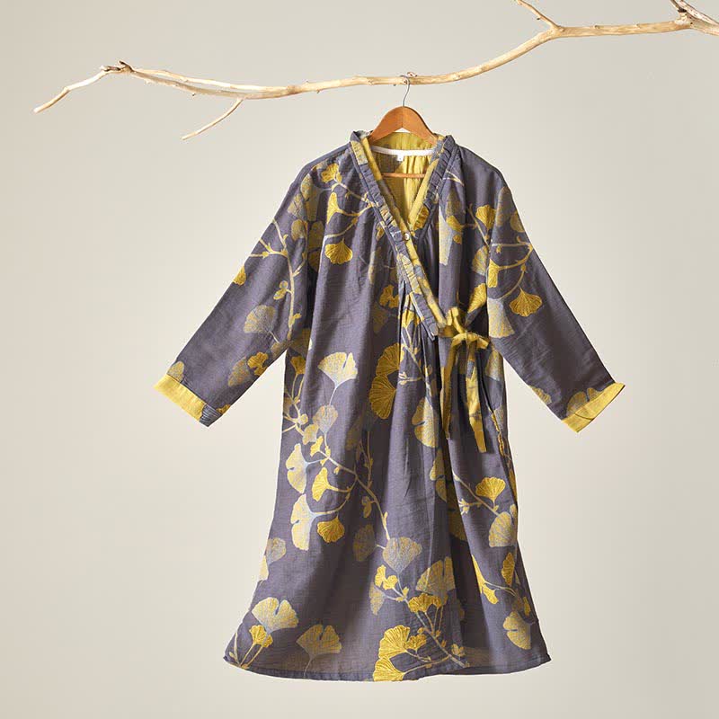Camicia da notte in cotone ispirata all'Hanfu con foglie di Ginkgo - Grigio scuro - XL - image 12
