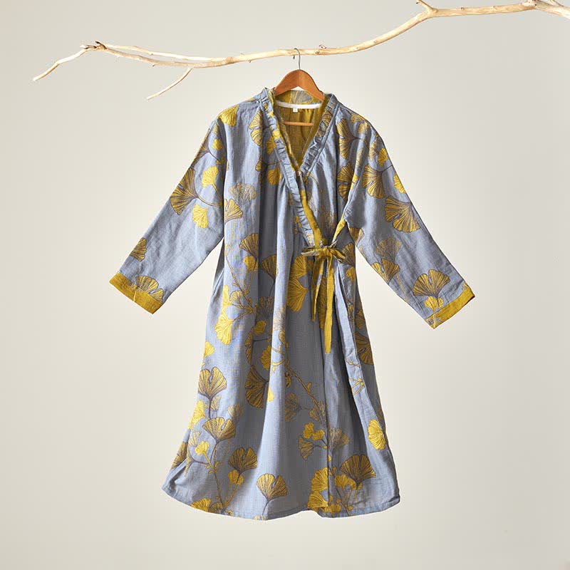 Camicia da notte in cotone ispirata all'Hanfu con foglie di Ginkgo - Grigio chiaro - XL - image 16