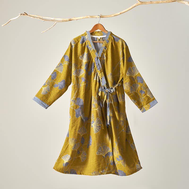 Camicia da notte in cotone ispirata all'Hanfu con foglie di Ginkgo - Giallo scuro - XL - image 25