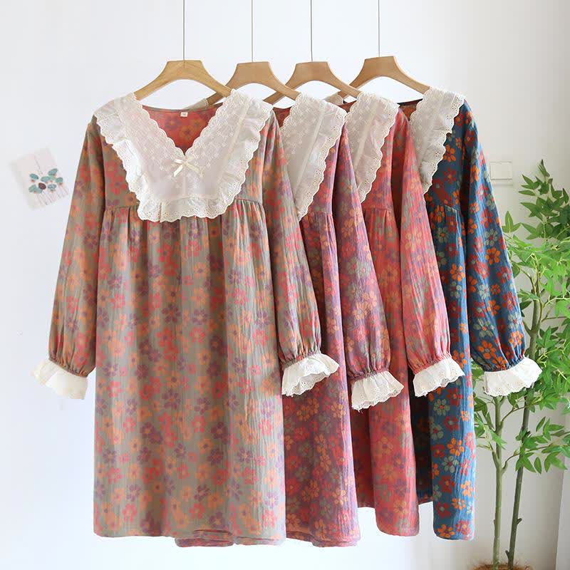Camicia da notte a maniche lunghe in garza di cotone floreale Ownkoti - image 1