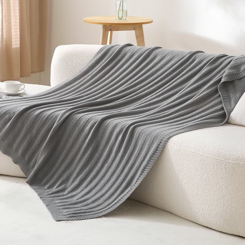 Coperta lavorata a maglia con trama a righe solide Ownkoti - Grigio chiaro - 130cm x 200cm - image 15