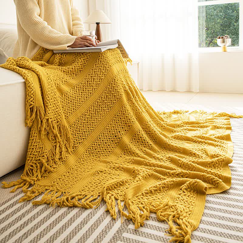 Coperta in maglia geometrica a trecce Ownkoti - Giallo - 130cm x 230cm - image 11