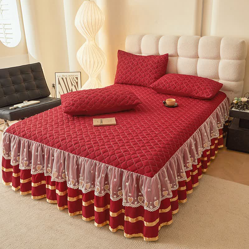 Lenzuolo con gonna trapuntata a forma di cuore Ownkoti - Vino - Gonna letto con 2 federe - Matrimoniale Grande - image 11