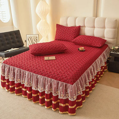 Lenzuolo con gonna trapuntata a forma di cuore Ownkoti - Vino - Gonna letto con 2 federe - Matrimoniale Grande - image 11