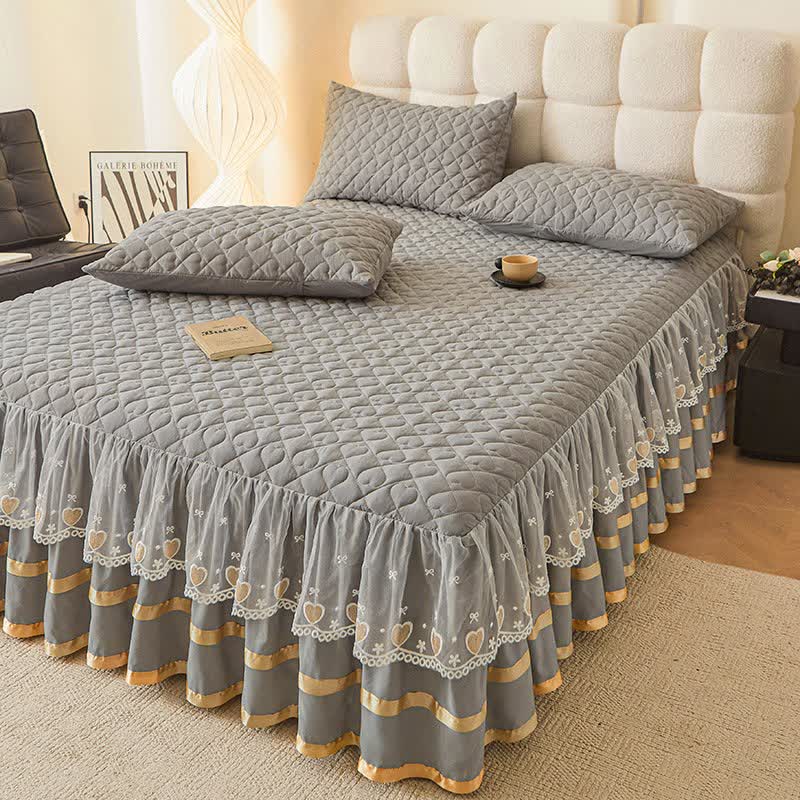Lenzuolo con gonna trapuntata a forma di cuore Ownkoti - Grigio chiaro - Gonna letto con 2 federe - Matrimoniale Grande - image 9