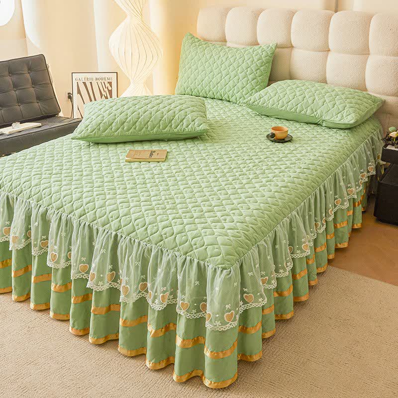 Lenzuolo con gonna trapuntata a forma di cuore Ownkoti - Verde - Gonna letto con 2 federe - Matrimoniale Grande - image 13