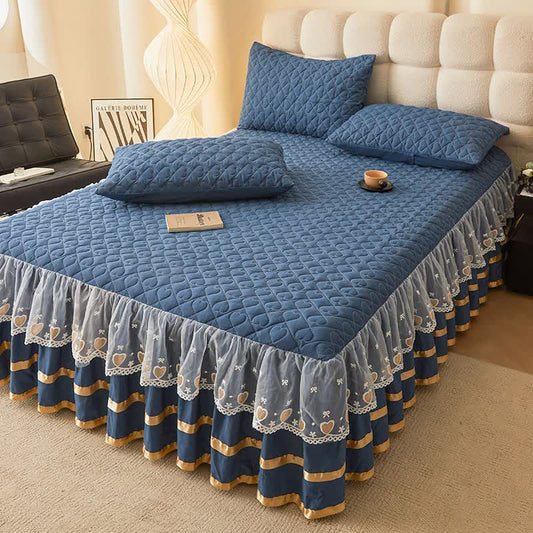 Lenzuolo con gonna trapuntata a forma di cuore Ownkoti - Blu - Gonna letto con 2 federe - Matrimoniale Grande - image 0