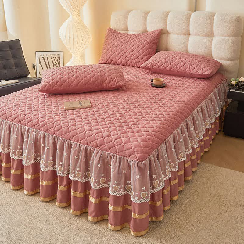 Lenzuolo con gonna trapuntata a forma di cuore Ownkoti - Rosa - Gonna letto con 2 federe - Matrimoniale Grande - image 14