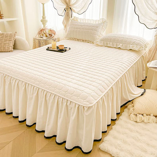 Lenzuolo con gonna trapuntata a quadri Ownkoti - Beige - Gonna letto con 2 federe - Matrimoniale Grande - image 0