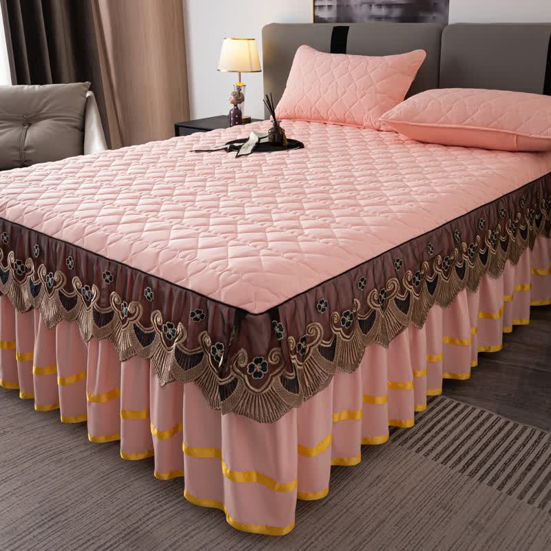 Lenzuolo con gonna da letto trapuntata in pizzo a forma di cuore Ownkoti - Rosa chiaro - Gonna letto con 2 federe - Matrimoniale Grande - image 2