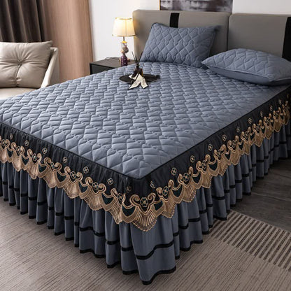 Lenzuolo con gonna da letto trapuntata in pizzo a forma di cuore Ownkoti - Grigio - Gonna letto con 2 federe - Matrimoniale Grande - image 6