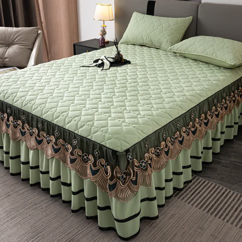 Lenzuolo con gonna da letto trapuntata in pizzo a forma di cuore Ownkoti - Verde - Gonna letto con 2 federe - Matrimoniale Grande - image 14
