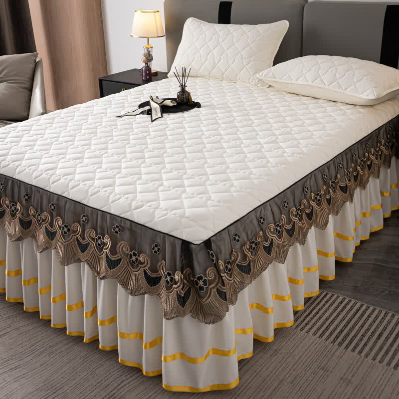 Lenzuolo con gonna da letto trapuntata in pizzo a forma di cuore Ownkoti - Beige - Gonna letto con 2 federe - Matrimoniale Grande - image 4