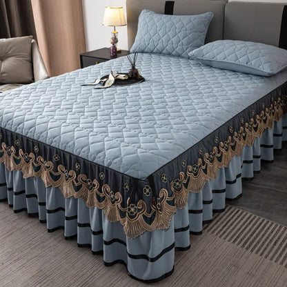 Lenzuolo con gonna da letto trapuntata in pizzo a forma di cuore Ownkoti - Azzurro cielo - Gonna letto con 2 federe - Matrimoniale Grande - image 17