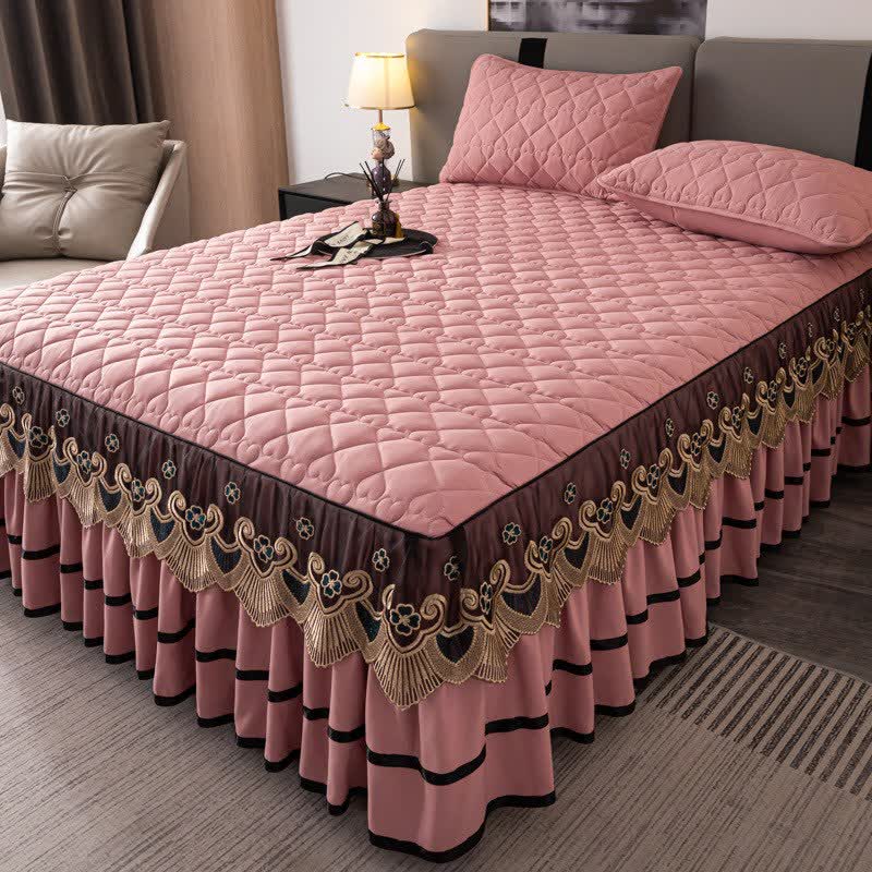 Lenzuolo con gonna da letto trapuntata in pizzo a forma di cuore Ownkoti - Rosa - Gonna letto con 2 federe - Matrimoniale Grande - image 10