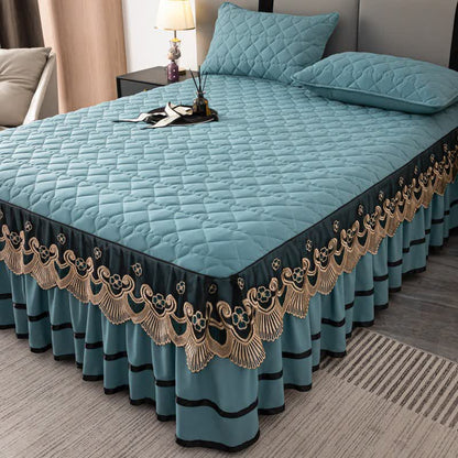 Lenzuolo con gonna da letto trapuntata in pizzo a forma di cuore Ownkoti - Blu - Gonna letto con 2 federe - Matrimoniale Grande - image 12