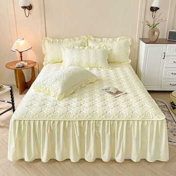 Lenzuolo con gonna trapuntata geometrica Ownkoti - Giallo - Gonna letto con 2 federe - Matrimoniale Grande - image 0