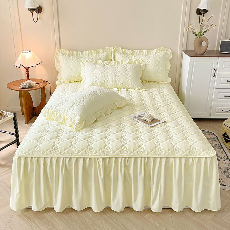 Lenzuolo con gonna trapuntata geometrica Ownkoti - Giallo - Gonna letto con 2 federe - Matrimoniale Grande - image 0