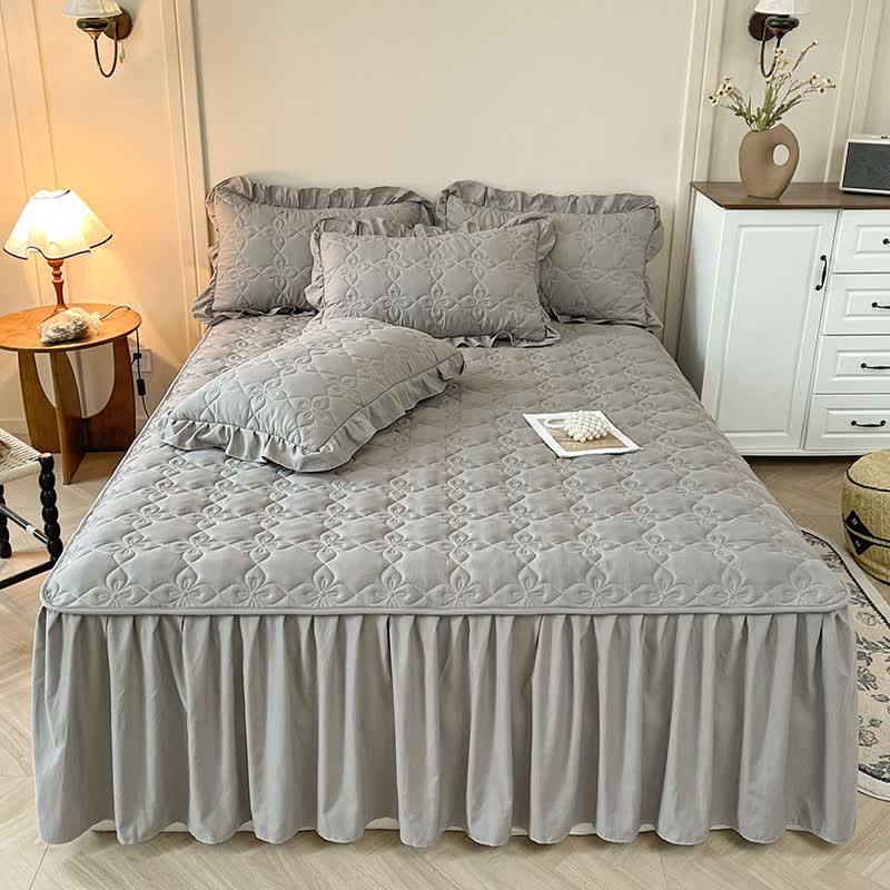 Lenzuolo con gonna trapuntata geometrica Ownkoti - Grigio - Gonna letto con 2 federe - Matrimoniale Grande - image 14
