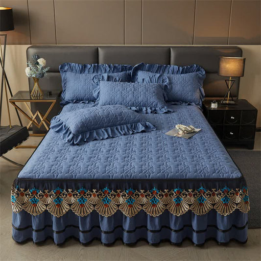 Lenzuolo trapuntato Ownkoti con gonna da letto staccabile - Blu scuro - Gonna letto con 2 federe - Matrimoniale Grande - image 0
