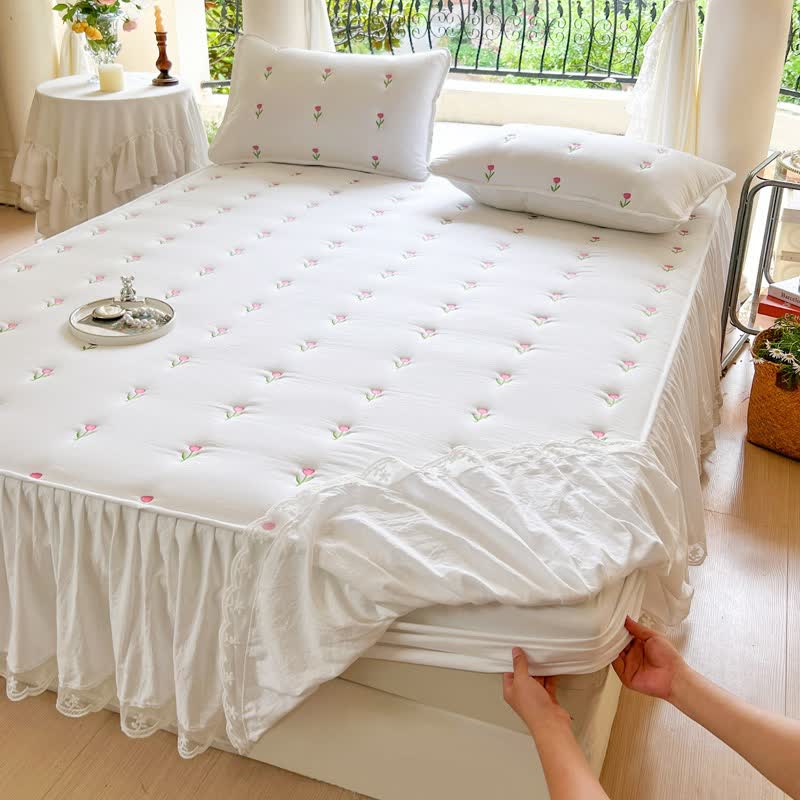 Gonna da letto ricamata con motivo tulipano Ownkoti - Bianco - 2 federe - 48cm x 74cm - image 8