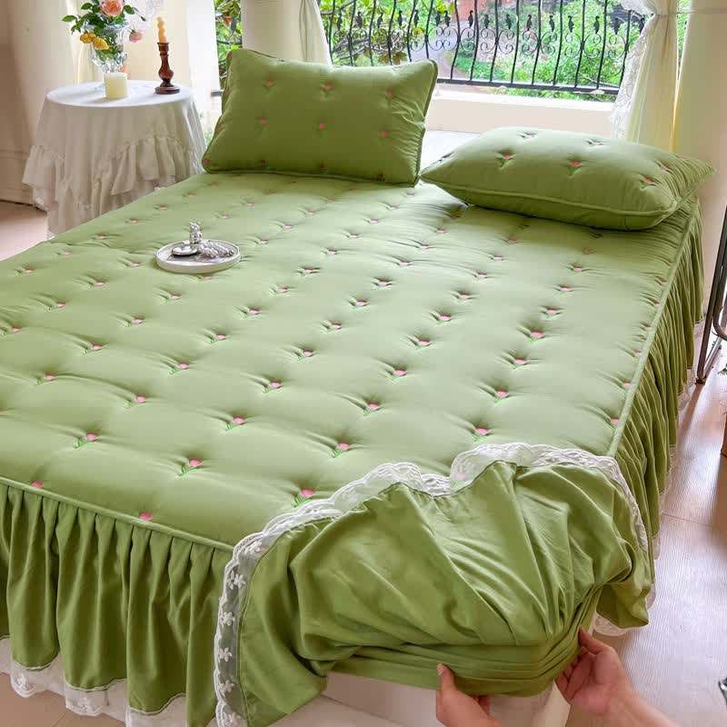 Gonna da letto ricamata con motivo tulipano Ownkoti - Verde - 2 federe - 48cm x 74cm - image 7