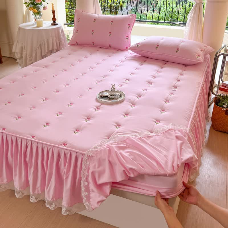 Gonna da letto ricamata con motivo tulipano Ownkoti - Rosa - 2 federe - 48cm x 74cm - image 6