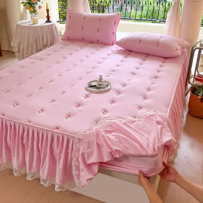 Gonna da letto ricamata con motivo tulipano Ownkoti - Rosa - 2 federe - 48cm x 74cm - image 6